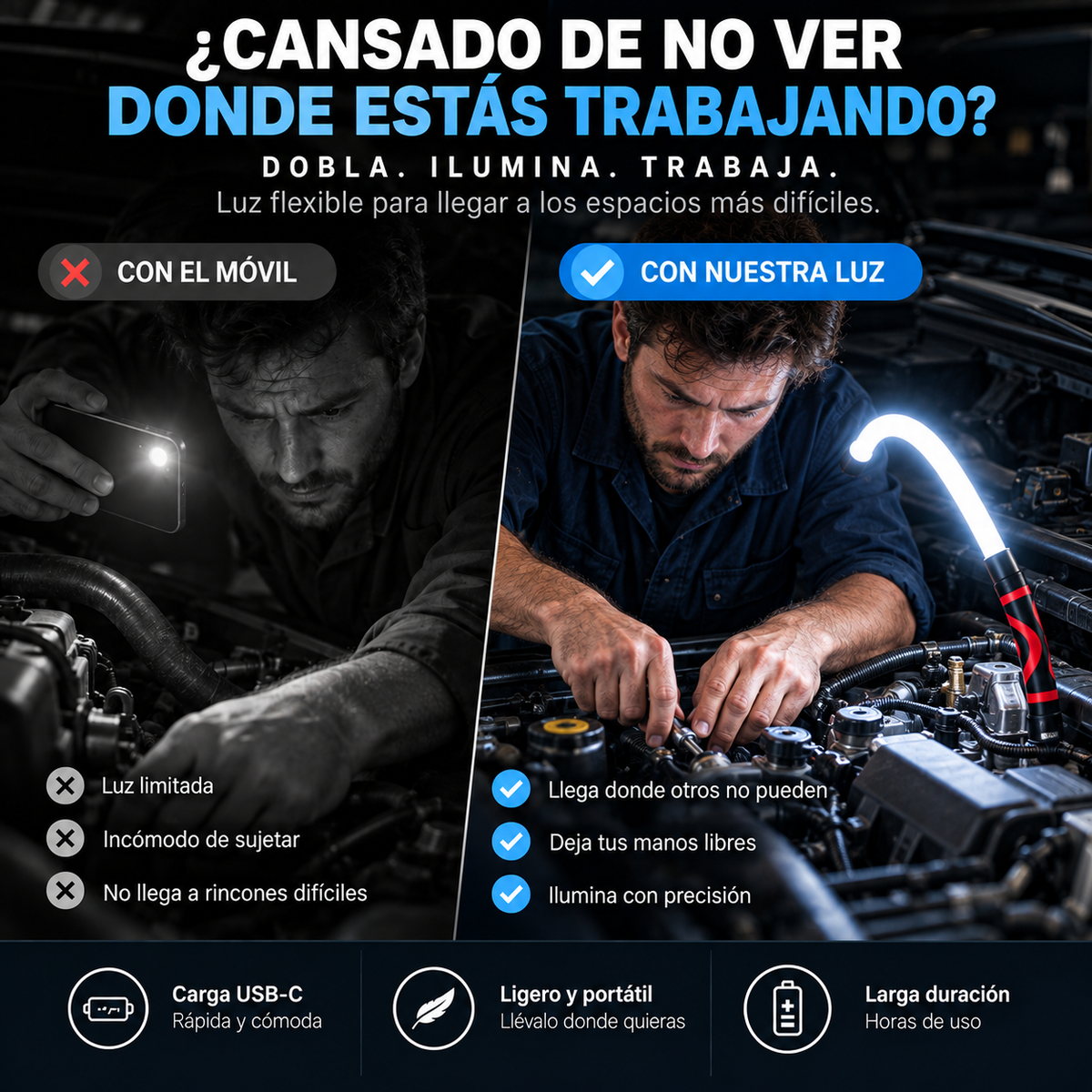 Linterna LED flexible recargable | Manos libres